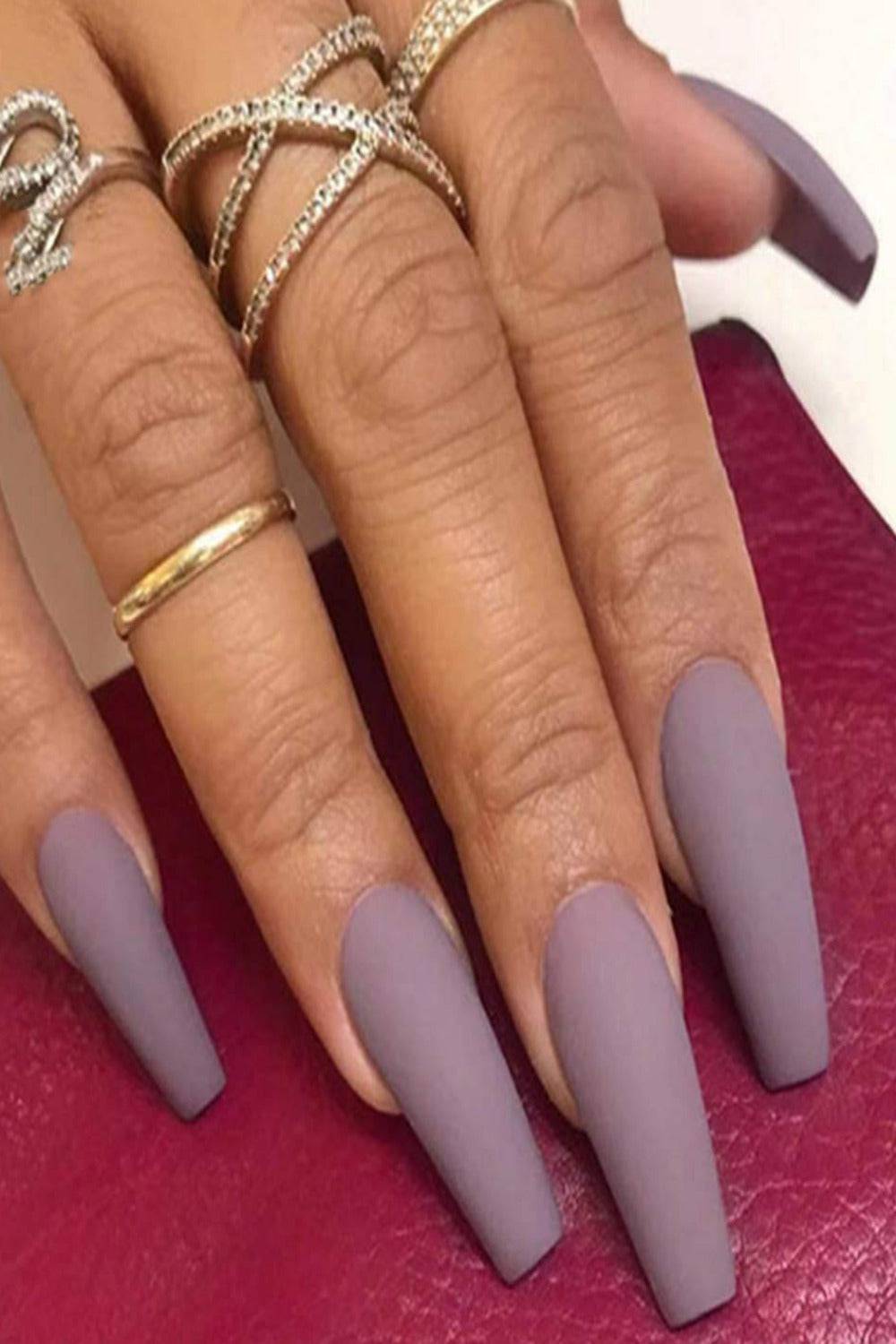 Image discovered by Nikolett. Find images and videos about nails, purple  and rings on We Heart… | Long acrylic nails, Matte nails design, Acrylic  nails coffin short